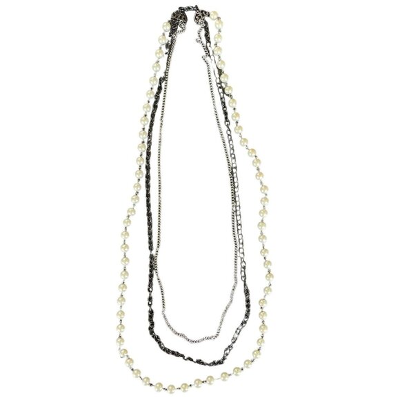 Vintage Inspired Long Pearl and Chain Necklace Elegant Layered Design 34" Length - Picture 2 of 10
